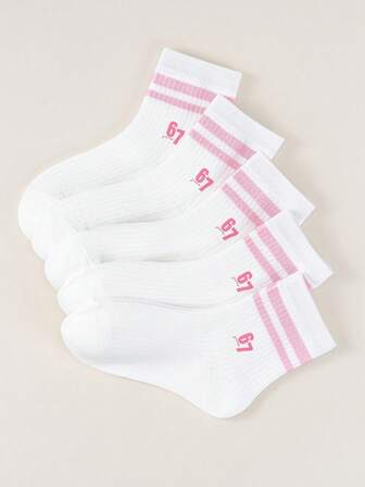 5 Pairs Of Children's Socks With White Striped Numbers 67 Printed Short Socks, Student Style Casual Breathable Short Tube Socks, Mid Tube Socks