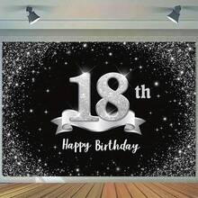 1pc 2D Flat Party Background Cloth, 18th Birthday Glitter Silver Ribbon Backdrop, Suitable For Birthday Party, Made Of Polyester, Photo Background Wall, Party Decoration, Theme Decor, Photography Background