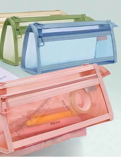 1 Pink/Green/Apricot Yellow/Blue Handheld Double-Layer Triangular Three-Dimensional Pencil Case, Simple Transparent Mesh Pencil Case, Double-Layer Large Capacity Pencil Case, Beautiful Pencil Case, Suitable For Office Stationery Storage Box, Simple And Sturdy Multifunctional Pencil Case, Suitable For Children And Students.,Bag