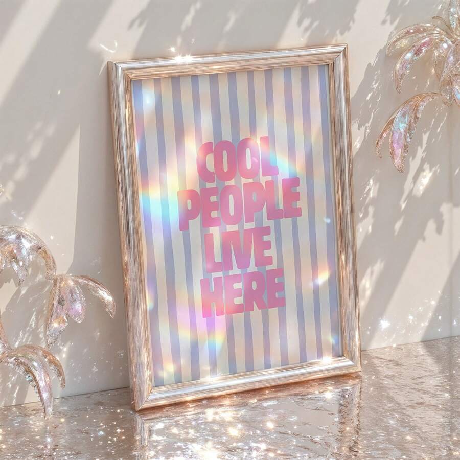 1幅无框复古“酷人住在这里”印刷品 - 学院风文字艺术海报，条纹设计语录墙饰，适用于家庭、办公室、教室，乔迁新居礼物，美观的卧室宿舍装饰 - 彩色 - 查看 1