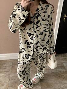 2pcs Black & White Contrast Floral Print Lapel Long Sleeve Sleepwear Set, Spring/Summer Open Front Button Casual Loungewear - Black and White - View 1