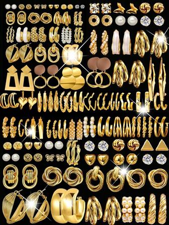 56-12pcs Vintage Elegant Retro Coin Inspired Minimalist Metal Geometric Irregular Line Twist Hollow Star Heart Faux Pearl Shiny Crystal C-Shaped Wide Face Earring Set, Versatile Fashion Jewelry Gift For Women, Suitable For Daily, Birthday, Travel, Party, Casual Date, Work