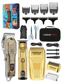 HIENA 3 PiecesMen's Haircut & Grooming Set, Bronze Wireless Hair Clipper With Guard, Precision Dual-Blade Shaver With LED Display, Elegant Engraving, Perfect Home Companion - Gold - View 7