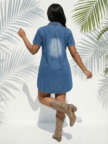 Women's Denim Shift Dress Short Sleeve - Relaxed Fit With Button Flap Pocket (European Summer Dress Washed Denim) - Rửa trung bình - Xem 4