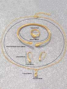 6件套优雅奢华女士石英手表套装，女士黄金配饰和珠宝套装，包括一款镶满水钻的罗马数字表盘金属表带石英手表、一条水滴形金手链、以及配套的水滴形项链和耳环。 - 金色 - 查看 4