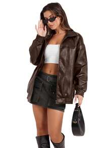 Leather Jacket Women Faux Oversized Motorcycle Bomber Coats Fall Fashion Outfits Winter Clothes - màu nâu - Xem 8