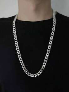 1 pieza Collar de cadena cubana simple de acero inoxidable, estilo versátil de hip-hop para hombres - Plateado - Ver 1