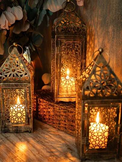 Moroccan Style Metal Lantern, Hollow Embossed Iron Candle Holder, Vintage Gold-Plated Hollow Carved Flower Lantern, Suitable For Home, Yard, Garden, Villa, New Year, Halloween, Valentine's Day, Thanksgiving, Christmas And Other Holidays, Can Be Used As Desktop Decor, Christmas Decor, Winter Room Decor, Christmas Gift For Home, Christmas Ornament