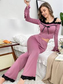 2pcs Lace Patchwork Camisole & Lace Trim Long Nightgown Set, Pink Lace Lingerie Set - Hot Pink - View 5