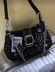Y2K Style Retro Shoulder Bag For Women, Color Block Crossbody Star Chain Purse Small Bag For Girls, Ladies, Students, Young Professionals, Office Workers, Commuters, School Outings, Stars Hollow Women Bag, 2000s Fashion Style Bag For Women, Halloween Purse Perfect For Fancy Party Halloween Fashion & Gothic Fashion, Best Halloween Gifts For Women - 黑色 - 查看 1