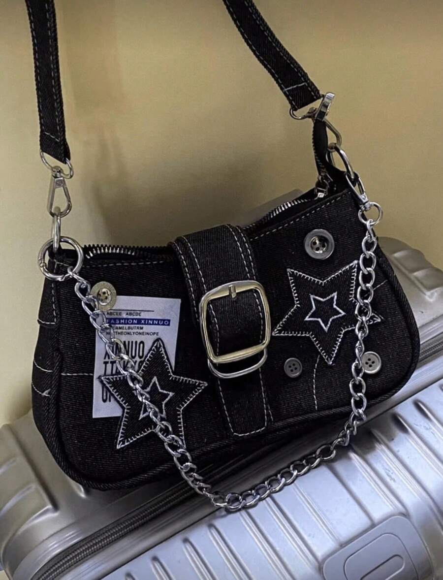 Y2K Style Retro Shoulder Bag For Women, Color Block Crossbody Star Chain Purse Small Bag For Girls, Ladies, Students, Young Professionals, Office Workers, Commuters, School Outings, Stars Hollow Women Bag, 2000s Fashion Style Bag For Women, Halloween Purse Perfect For Fancy Party Halloween Fashion & Gothic Fashion, Best Halloween Gifts For Women - 黑色 - 查看 1