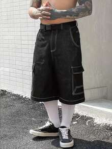 Men's Casual Original Color Printed Wide Leg Denim Shorts - Black - View 2