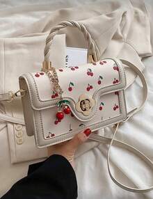 Fashionable High-End Pu Tote Bag With Versatile Square Shape And Cute Cherry Print, Perfect For Shopping, Dating Or Cross-Body For Girls., Kawaii Cherry Elements - 白色 - 查看 5