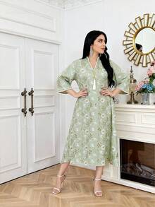 2026 New Style Elegant Embroidered Gold Arabic Dress JALABIA With Tassel Trim And 3/4 Sleeve, Fashionable And Graceful - Green - View 7