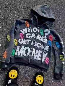 [Oversized Unisex Zip-Up Hoodie] Oversized Unisex Zip-Up Hoodie - Y2K Street Style Hip Hop Sweatshirt, Long Sleeve Casual Jacket For Men & Women, Autumn Winter Fashion Outerwear, Streetwear Fashion, Urban Street Style, Durable Fabric, Who Cares Get Some Money Graphic Print With Colorful TB Letter Patches - 黑色 - 查看 6