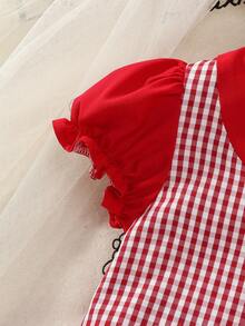 Baby Girl Valentine's Day Dress, Playful, Vibrant & Sweet Style, Red Ruffle Collar + Bubble Sleeve Plaid Dress, Full Of Energy, Suitable For Baby's Vacation, Outing And Daily Wear - Red - View 4