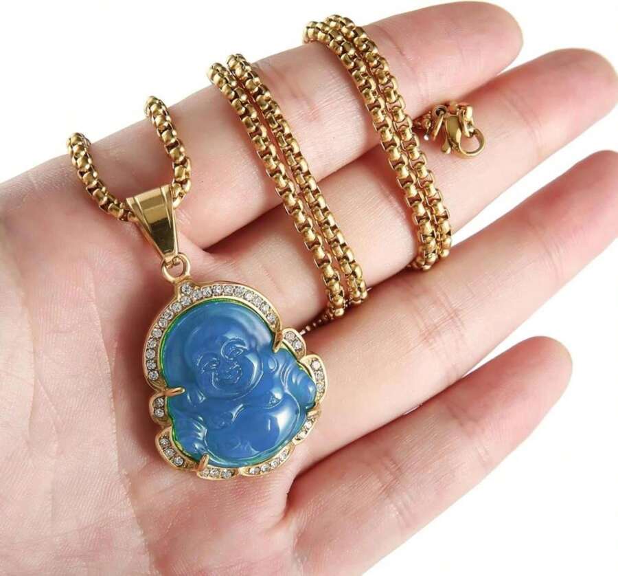 PBLAKE Laughing Buddha Buddah Necklaces For Women Men, Ice Out Buddha Pendant For Men Women With Stainless Steel Gold Chain 24 Inches - ColorF - 查看 1