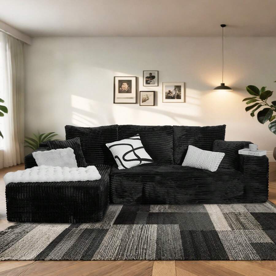 NIZULA FOAM 106"L Shape Sofa,(Black) Modern Modular Couch For Living Room Bedroom,No Assembly Required, Ready To Use, Comfy Plush Corduroy Fabric ,Sofa De Sala,Couch,Sofa Cama,Muebles Para Sala, Inflatable Chair, Couch For Living Room, Couch, Sofa De Sala, Recliner Chair, Furniture,(The Pedals Is Available Separately Or To Pair With The Sofa) - Ghế dài quay mặt trái màu đen - Xem 1