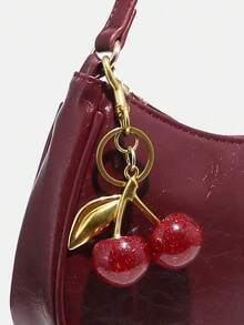 Women's Fall Outfits, Cute Pendant Decor, Cherry Pendant, Women's Minimalist One Shoulder Bag, Zipper Closure, Retro Style, Underarm Bag, Suitable For Multiple Occasions - Màu Đỏ Sâu - Xem 3