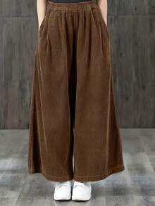 Coffee Color Corduroy Wide Leg Pants For Women, High Waist Loose Flattering Vintage Casual Trousers, Versatile For All Seasons Spring - Coffee Brown - View 2