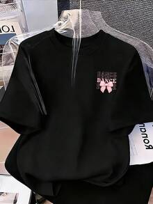 少女字母蝴蝶结印花圆领宽松休闲短袖T恤 - 黑色 - 查看 3