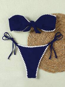 Women's Summer New Fashionable Elegant Blue & White Contrast Lace Trim Backless Camisole Sexy Beach Holiday Date Bikini Set Vacation - Royal Blue - View 3