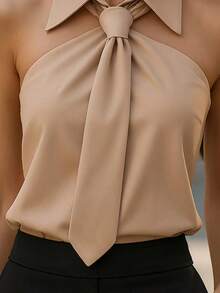 Women's Solid Color, Flowy Knotted Button Design, Fashionable Sleeveless Backless Camisole With Tie Detail, Suitable For Office Or Vacation Wear Summer - Khaki - View 3