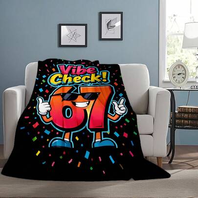 Soft Flannel Blanket, Warm & Comfortable Throw Blanket, Black Base Color + Anthropomorphic 67 Digit Image (Wearing Sunglasses, Limb Design) + "Vibe Check!" Colorful Graffiti Text + Colorful Confetti Decor Elements, Suitable For Sofa & Bedroom, & Numeric Theme Lovers, 2026 New Year Gift, Anti-Pilling
