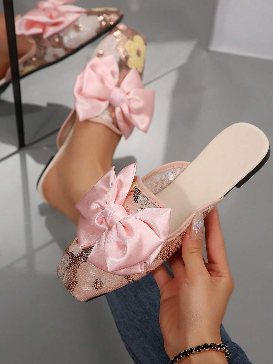 女士蝴蝶结亮片装饰平底拖鞋，方头设计，平底款式，适合春夏穿着 - 粉色 - 查看 1