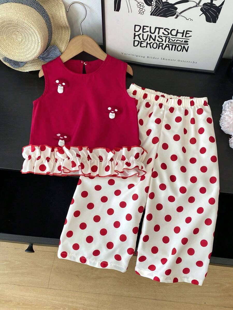 2 pezzi/Set Outfit dolce per ragazze, nuovo set di pantaloni casual estivi alla moda per giovani ragazze - Rosso - Visualizzare 1