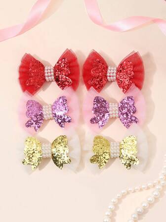 6 piezas Lazos de pelo con brillo y malla para niñas, Pinzas de pelo con brillo brillante, Pinzas de cocodrilo con perlas, Pasadores de pelo para fiestas de cumpleaños y vacaciones, Regalos para niñas, Accesorios de pelo para adolescentes