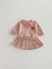2件套女婴休闲运动时尚可爱小熊蝴蝶结装饰长袖卫衣+百褶裙套装，春秋季 - 粉色 - 查看 15