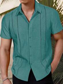 Camisa casual de vestir de manga corta y unicolor para hombre, para uso diario en la oficina - Verde - Ver 4