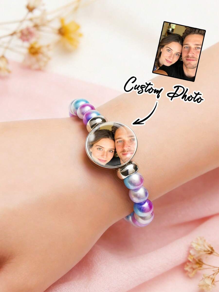 Customized Photo Beaded Bracelet, Customized Colorful Gemstone Glass Beaded Bracelet, Personalized Photo Pendant Elastic Bracelet, Cute And Personalized, Can Inlay Couple Or Family Photos, Gift For Women, Men, Couples Or Friends, Perfect For Gifting And Daily Fashion Wear. Perfect Gift For Birthday, Valentine's Day And Anniversary. - Multicolor - View 1