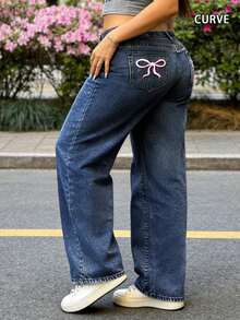 European And American Street Design Y2K Fashion Casual Bow Print Washed Plus Size Elastic Waistband Women's Straight Jeans