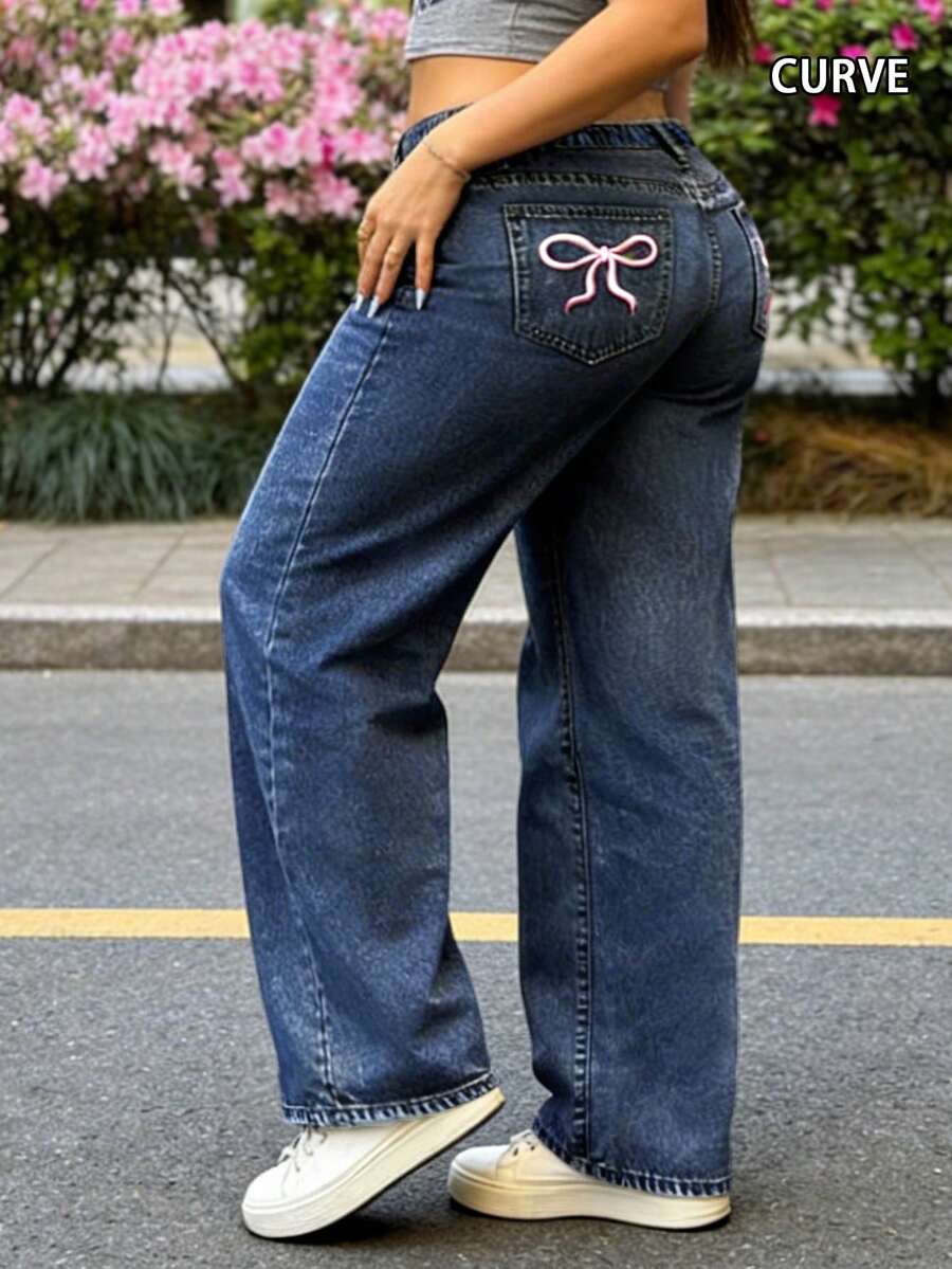 European And American Street Design Y2K Fashion Casual Bow Print Washed Plus Size Elastic Waistband Women's Straight Jeans