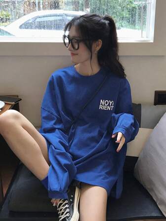 女士休闲宽松字母印花长袖T恤，百搭街头风，春秋季