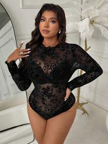 Women's Long Sleeve Flocked Lace Bodysuit, Sexy Fitted - Black - View 6