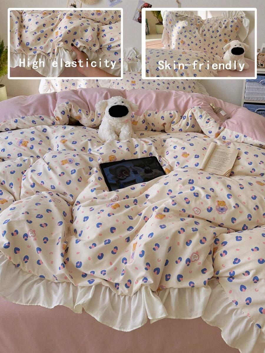 4pcs Lace Bedding Set, Soft & Comfortable Bedroom Linens, Lace Design, Cartoon Heart & Leopard Print Pattern, Breathable & Soft All-Season Bedding Set Including 1 Duvet Cover, 1 Bed Sheet, 2 Pillow Shams, No Filling, Suitable For Bedroom, Dorm, Home Use, Multiple Sizes Available