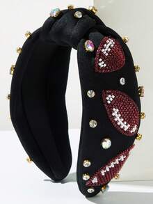 1pc Solid Color Fabric Wide Brim Knotted Rugby Headband, Handcrafted With Luxurious Rugby Ball Beaded Jewel Decor, Suitable As Sports Game Gift For Friends Head Accessories