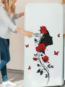 1pc Valentine's Day Beautiful Woman Side Profile Rose Flower Branch Wall Decal, Removable Bedroom Living Room Decor For Dates And Holidays - Red - View 4