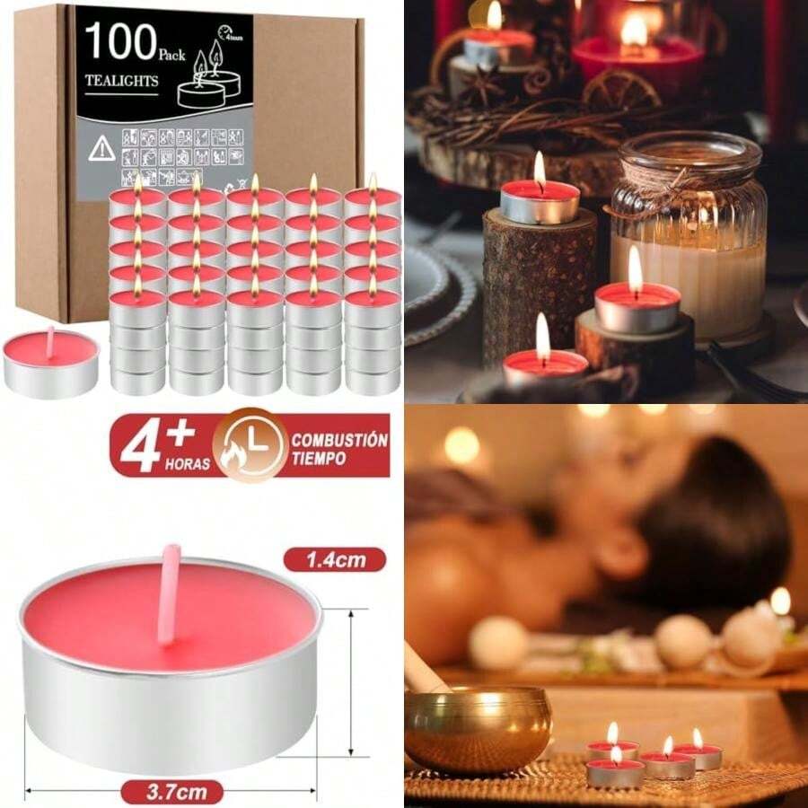 Velas de Té Pequeñas de Cera Natural - Pack de 100 Velas Sin Humo e Inodoras - Duración de 4 Horas - Luz Cálida y Relajante - Ideales para Meditación, Bodas, Cenas Navideñas y Ambientación ()(Rojo) - Multicolor - Ver 1