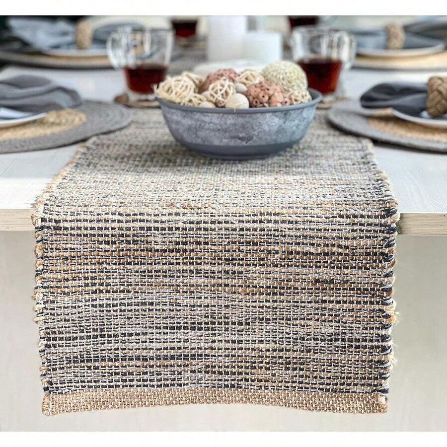Chardin Home - Camino de mesa de yute natural de 13 x 108 pulgadas decoración de mesa rústica estilo bohemio tela a mano color natural y gris diseño de granja o consola - Grisyutenatural - Ver 1