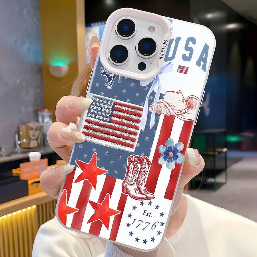 USA Patriotic Cowboy Boots Phone Case Compatible With Samsung Phone Cases,  17,  16 Pro Max,  15 Pro Max,  13, And  12. Made Of TPU Material, Providing Shock And Drop Protection, With A Delicate And Skin-Friendly Feel And An Elegant Appearance, Making It A Perfect Gift For Family, Friends, Loved Ones, Boyfriends/Girlfriends, And For Christmas And Thanksgiving - 白色 - 查看 1