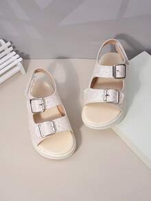 1 Pair Kids' Shimmery Pink Glitter Sandals | Lightweight Anti-Slip Flat Open-Toe Occasion & Beach Shoes For Girls Summer - Beige - View 2