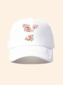1pc White & Pink Rose Embellished Letter Design Trucker Hat, Customizable 26 Letter Text, Name, Birthday, Fashion Breathable Hollow Sunshade Baseball Cap, Suitable Gift For Friends & Kids, Spring/Summer - White - View 21