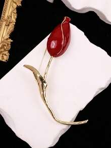 1pc Vintage Elegant Minimalist Asymmetrical Flower Brooch, Glossy Red & Gold Metal Women's Large Brooch, Fashionable Waist Decoration For Dress, Coat - Multicolor - View 8