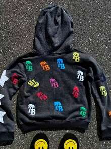 [Oversized Unisex Zip-Up Hoodie] Oversized Unisex Zip-Up Hoodie - Y2K Street Style Hip Hop Sweatshirt, Long Sleeve Casual Jacket For Men & Women, Autumn Winter Fashion Outerwear, Streetwear Fashion, Urban Street Style, Durable Fabric, Who Cares Get Some Money Graphic Print With Colorful TB Letter Patches - 黑色 - 查看 7