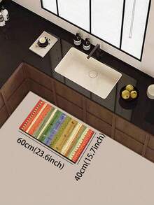 1pc Silica Gel Kitchen Mat, Striped Patchwork Pattern: Multicolored Stripes In Red, Green, Yellow, Blue As The Base, With Small Icons (E.G. Trees, Geometric Patterns) Integrated, Overall Has A Retro Folk Style Patchwork Look With Exotic Or Rustic Vibe, Luxury Fashion Kitchen Carpet, Cushioned Anti-Fatigue