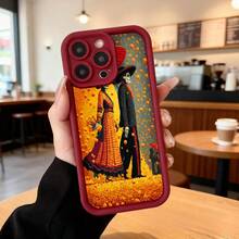 Cubierta de teléfono con borde negro diseño de Día de Muertos pareja esquelética en traje tradicional mexicano fondo de flores amarillas para uso diario y eventos culturales,Aplicable a los teléfonos de la serie Apple y Galaxy - Negro - Ver 5